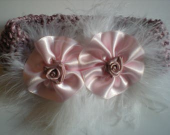 Old baby pink headband. Satin flower and swan feather. Hand made.