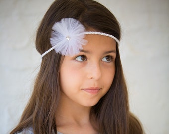 Headband - ceremonies - white cotton crocheted flower white tulle with swarovski crystal heart