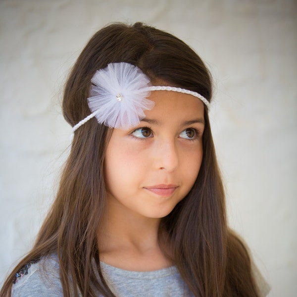 Headband Blanc - cérémonies - coton crocheté fleur de tulle blanc au cœur de cristal swarovski