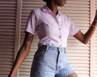 Vintage 90s Sheer Blue Black Button Front Top