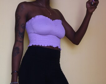 purple strapless top