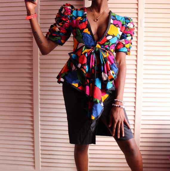 Vintage 80s Colorful Floral Fluffy Shoulder Dress - image 2