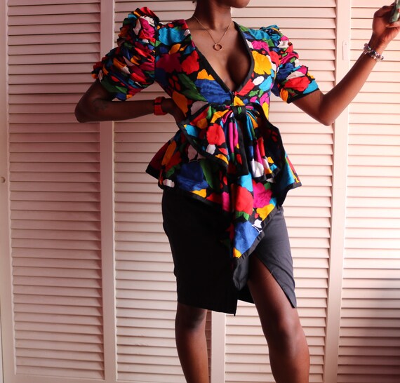 Vintage 80s Colorful Floral Fluffy Shoulder Dress - image 5