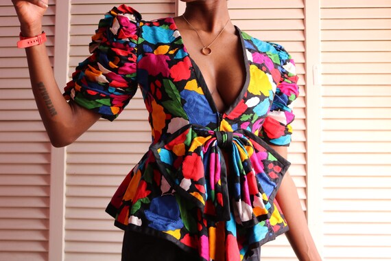 Vintage 80s Colorful Floral Fluffy Shoulder Dress - image 1