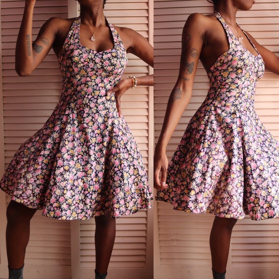 Vintage 80s Floral Halter Dress