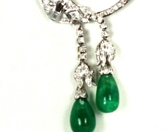 18K White Gold Circle Pin Encrusted w/ Diamonds & Emerald Drops