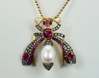Antique Ruby Pearl Diamond Insect Brooch Pendant 18K