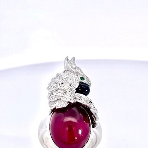 以下が含まれることがあります： 銀色のリングで、オウムのデザインが特徴です。オウムの頭には、小さな透明な宝石と黒と緑の目が飾られています。 大きな楕円形の深い赤色の宝石がオウムの体を作っています。