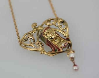 Art Nouveau Egyptian Revival Enamel Necklace 14K