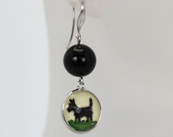 Scottie Dog Intaglio Earrings Black Onyx, Mother of Pearl, 18k White Gold, and European backs