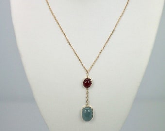 Aquamarine Cabochon Lariat Necklace with Ruby Cabochon 14K 15.40 Total Carat Weight