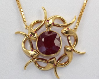 RETRO Snake Wreath Pendant with Center 9 CT Ruby in 18k Yellow Gold and 22k Gold Chain