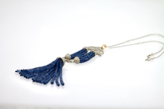 Blue Sapphire Beaded Double Tassel Pendant Neckla… - image 5