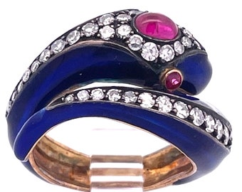 18K Snake Ring Cobalt Blue Rubies Diamonds