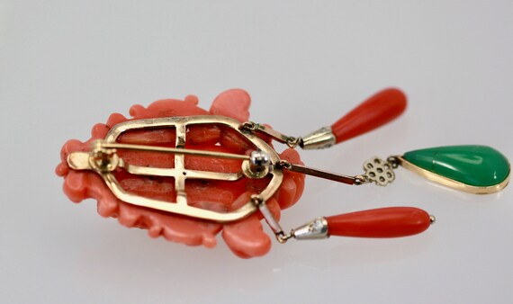 Carved Coral Brooch Pendant w/ Coral drops and Cr… - image 4