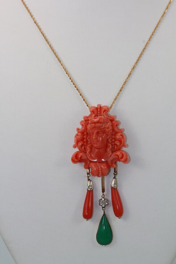 Carved Coral Brooch Pendant w/ Coral drops and Cr… - image 7