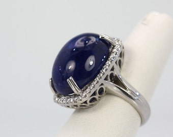 Tanzanite Cabochon Cocktail Ring, Diamond Surround, 18k White Gold, 35.39 Carats, Size 6.5
