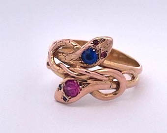 Double Snake Ring Blue Pink Sapphire Head 14K