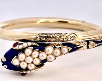14K Cobalt Blue Enamel Snake Bracelet with Pearls