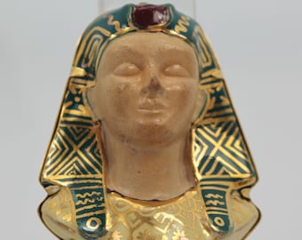 Egyptian Revival 18k Gold Enamel Pharaoh Brooch HUGE 2&quot; Tall Porcelain Face 1930