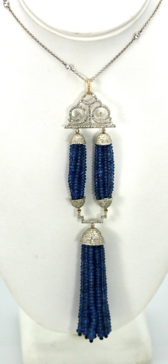 Blue Sapphire Beaded Double Tassel Pendant Neckla… - image 10