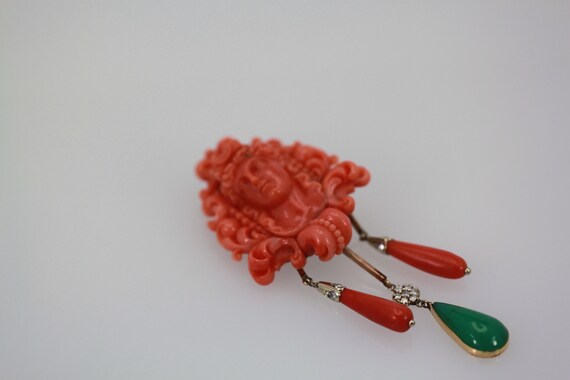 Carved Coral Brooch Pendant w/ Coral drops and Cr… - image 3