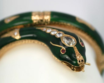 Green Enamel Snake Bangle Bracelet with 18k Yellow Gold and 2.25 CTS Diamonds