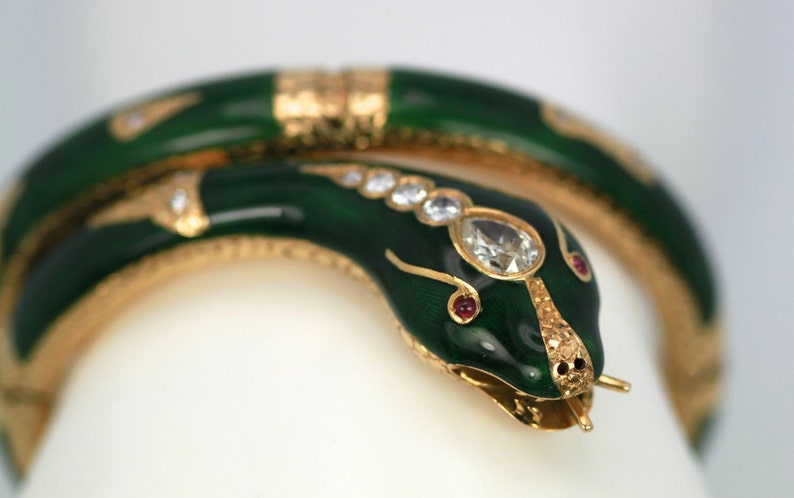 Green Enamel Snake Bangle Bracelet With 18k Yellow Gold and - Etsy