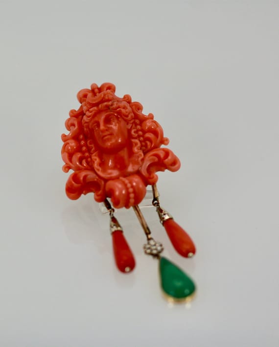 Carved Coral Brooch Pendant w/ Coral drops and Cr… - image 1