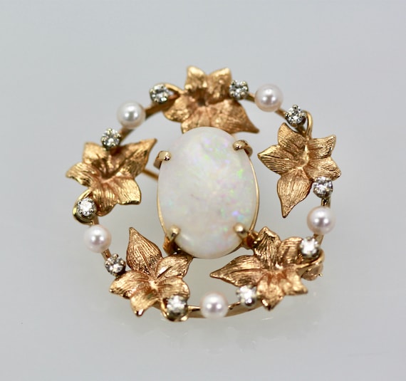 Opal Laurel Leaf Brooch Pendant 14K