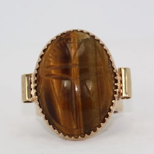 Vintage Golden Tigers Eye Scarabee Cocktail Ring met zijbuizen, 18k, merkloos