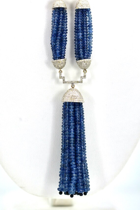 Blue Sapphire Beaded Double Tassel Pendant Neckla… - image 8