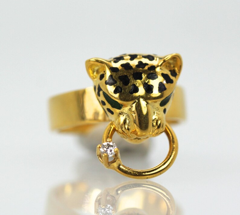 14K Enamel Cougar Ring With Black Spotted Head & Diamond on Etsy