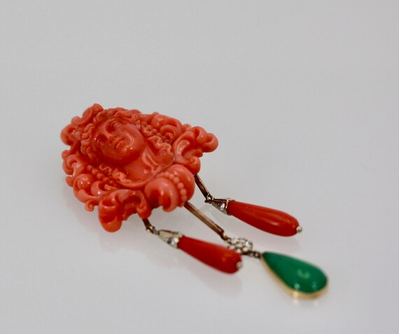 Carved Coral Brooch Pendant w/ Coral drops and Cr… - image 2