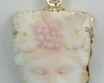 Angel skin coral exquisite carving circa 1840-1850 pendant on 14K yellow gold