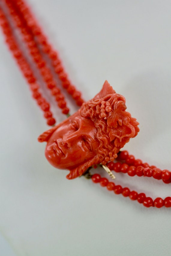 Antique 14K Coral Necklace with Carved Bacchus hea