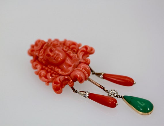 Carved Coral Brooch Pendant w/ Coral drops and Cr… - image 5