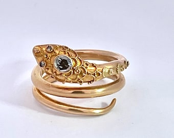 14K Yellow Gold Snake Ring with Granulated Head plus Diamond