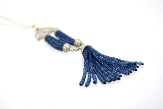 Blue Sapphire Beaded Double Tassel Pendant Neckla… - image 9