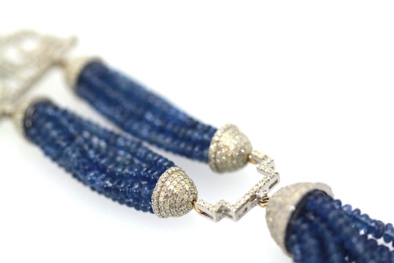 Blue Sapphire Beaded Double Tassel Pendant Neckla… - image 2