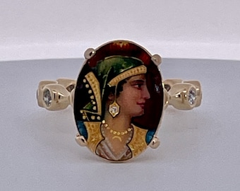 Enamel Faced Portrait of Athena Ring 14K