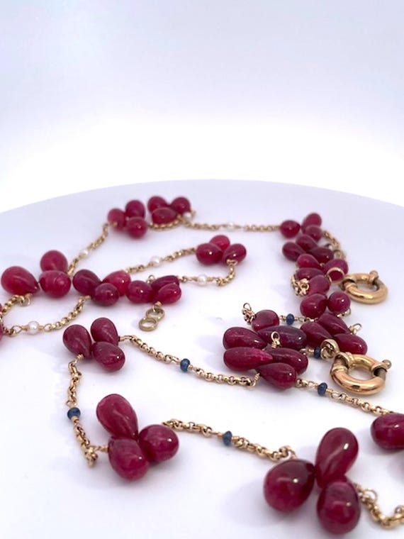 Ruby Tear Drop Necklace: 14k Yellow Gold, Seed Pe… - image 9