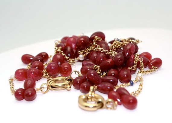 Ruby Tear Drop Necklace: 14k Yellow Gold, Seed Pe… - image 4