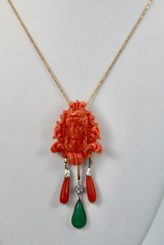 Carved Coral Brooch Pendant w/ Coral drops and Cr… - image 6