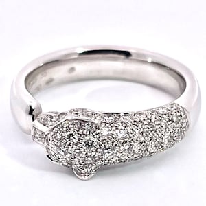 May include: A white gold ring with a pave diamond panther head design.