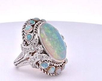 Large Opal Diamond Ring 18K 6.75