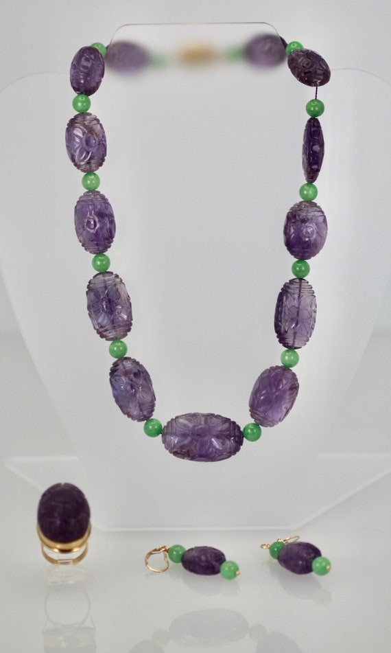 Vintage Carved Amethyst Jade Necklace (3 piece set