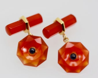 Carnelian Carved Cufflinks Sapphire Center 18 Karat