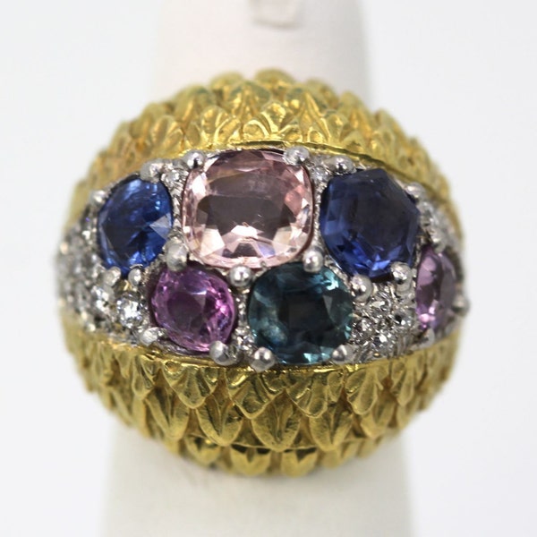 David Webb Fancy Sapphire Cocktail Ring 6,55 totaal karaatgewicht 18k geel goud en platina Maat 5,5