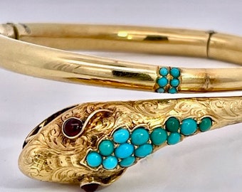 14K Yellow Gold Snake Bracelet Turquoise